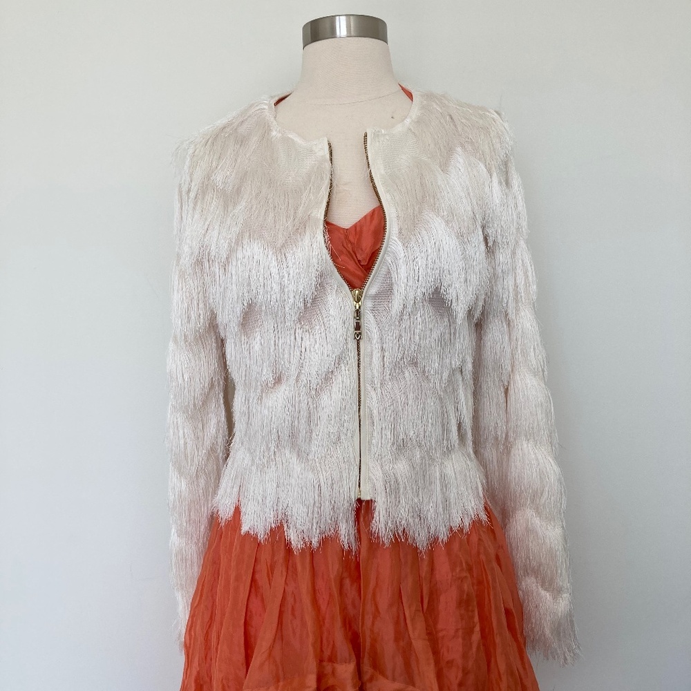 Guess Chevron Fringe Cropped Jacket Pearl White Satin Cocktail Party